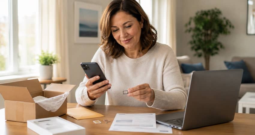 Woman using her smartphone while holding a SIM card to complete Cintex Wireless activation at home.