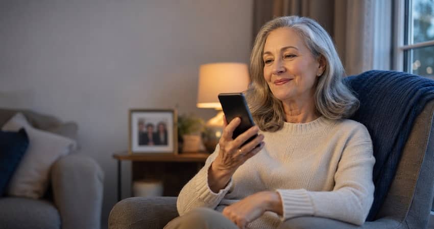 Senior woman checking her remaining Assurance Wireless minutes on a smartphone while relaxing at home.