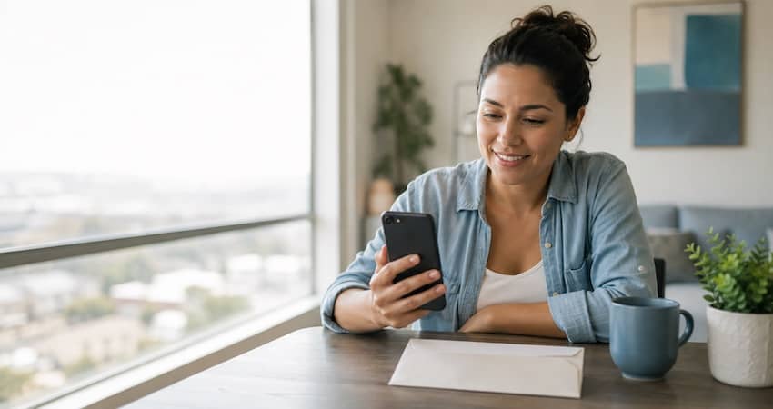 Woman checking her SafeLink Wireless application status on a smartphone while sitting at a table near a window.
