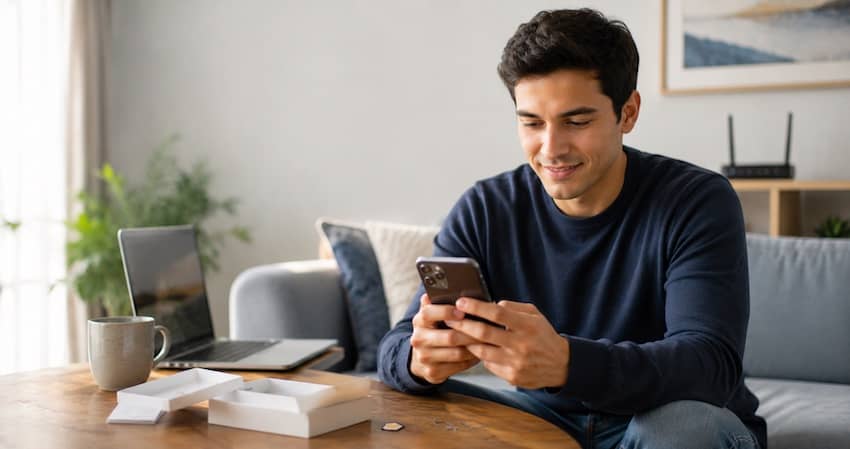 Man activating his TruConnect phone on a smartphone while setting up the SIM card at home.