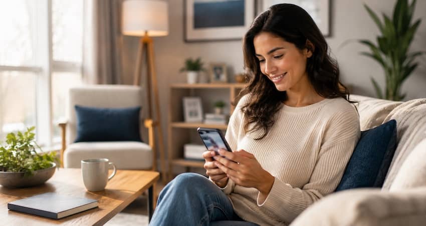 Woman checking her TruConnect application status on a smartphone while sitting on a sofa at home.