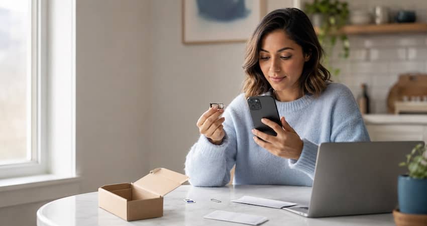 Woman holding a SIM card and using her smartphone to activate her Access Wireless phone at home.