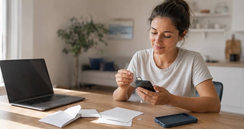 Woman inserting a SIM card into her phone to activate TruConnect Bring Your Own Phone benefits at home.