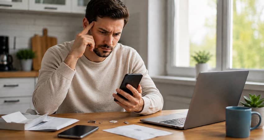 Concerned man looking at his smartphone while trying to fix TracFone activation problems at home.