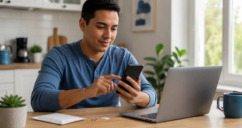 Man configuring Easy Wireless APN settings on a smartphone beside a laptop