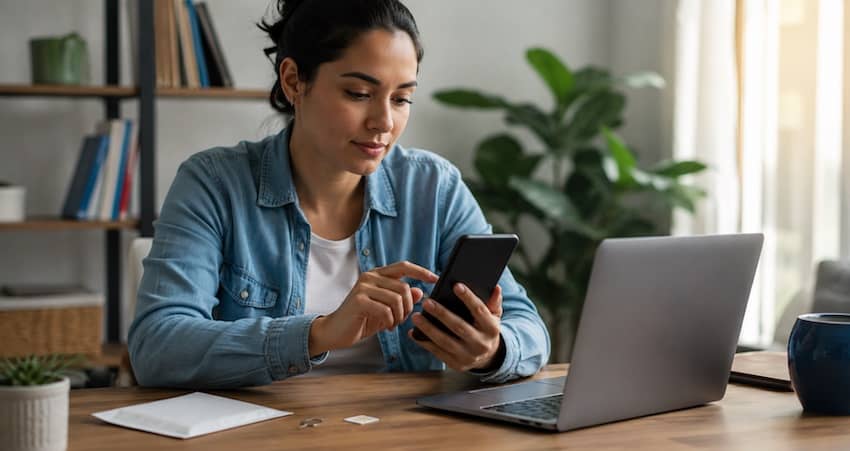 Woman updating Cintex Wireless APN settings on her smartphone while using a laptop at home.
