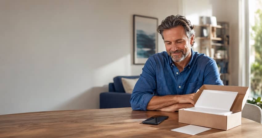 Man sitting beside an open box after receiving his TruConnect replacement phone at home.