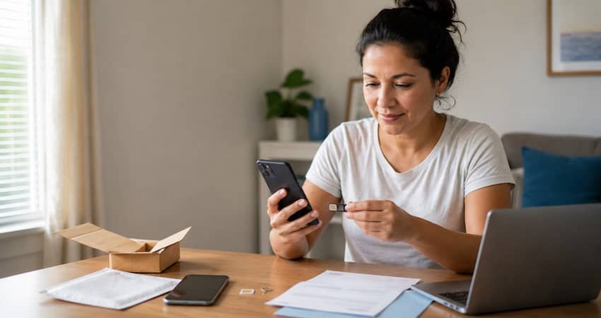 Woman holding a SIM card and using her smartphone to reactivate a SafeLink phone at home.
