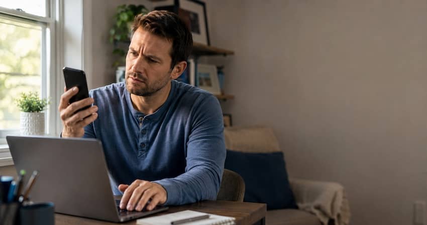 Frustrated man checking his phone and laptop while troubleshooting a SafeLink hotspot connection at home.