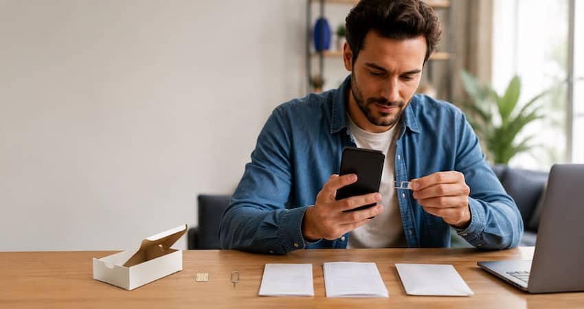 Man inserting a SIM card into his smartphone to activate his enTouch Wireless phone.
