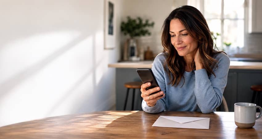 Woman checking her enTouch Wireless application status on a smartphone while sitting at a kitchen table.
