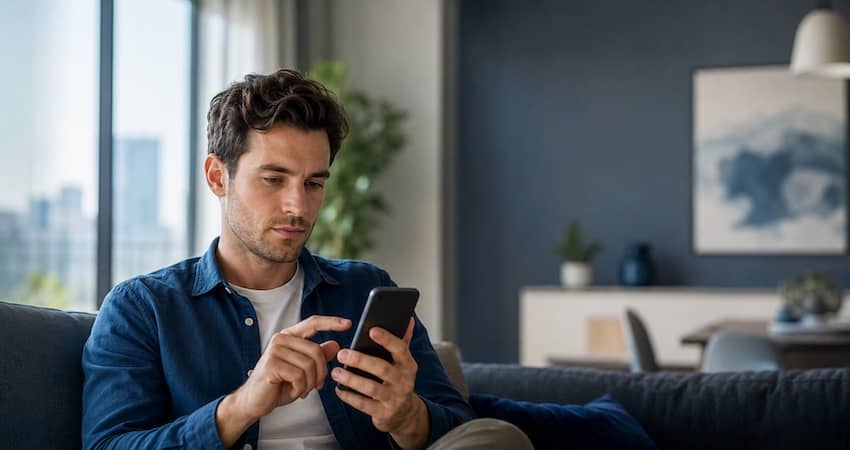 Man checking and updating Assurance Wireless network settings (APN) on his smartphone while sitting on a couch.