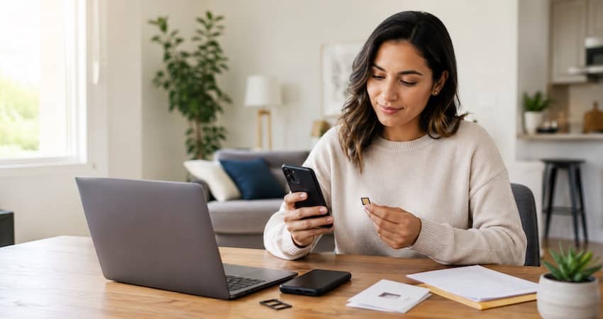 Woman holding a SIM card and using her smartphone while switching Lifeline providers at home.