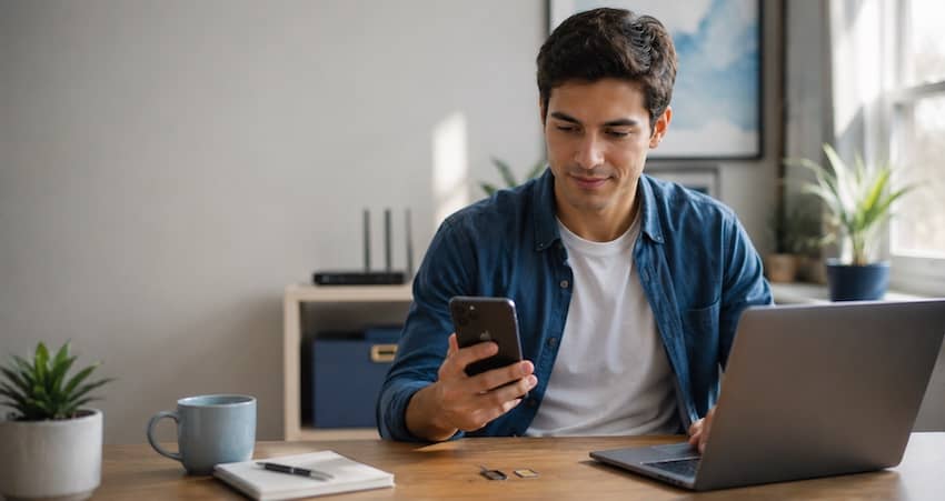 Man checking Access Wireless APN settings on his smartphone while using a laptop at home.