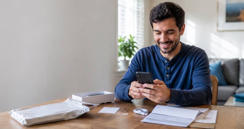 Man activating his TracFone on a smartphone at home without using an airtime card.