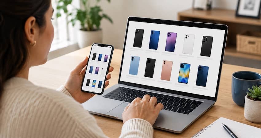 Woman comparing StandUp Wireless-compatible smartphones on a laptop and phone
