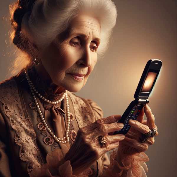 An old woman is looking at her Flip Phone