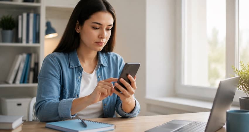 Woman updating Straight Talk APN settings on her smartphone while using a laptop at home.
