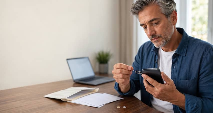 Man replacing a TracFone SIM card by inserting it into his phone at home.