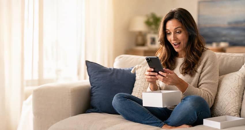 Woman excitedly setting up her Access Wireless free government phone after opening the package at home.