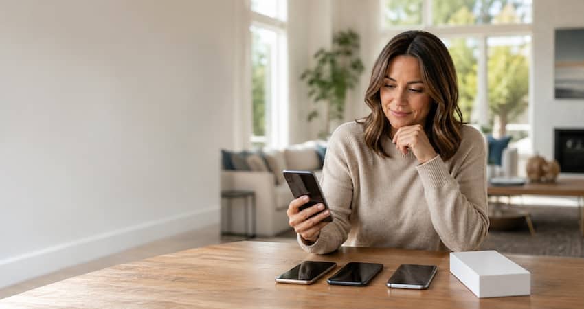 Woman comparing several iPhones to choose the best free government phone option.