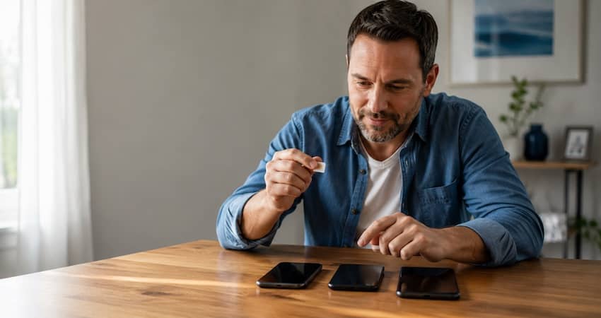 Man comparing three smartphones and a SIM card to choose the best TruConnect-compatible phone.