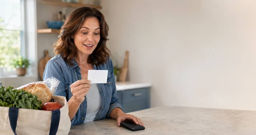 Woman holding an assistance card beside groceries while checking eligibility for a government phone.