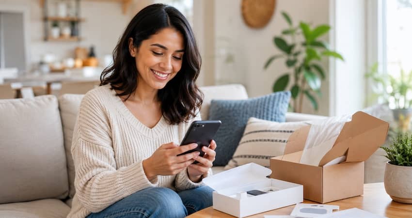 Woman setting up her free enTouch Wireless phone after opening the package at home.