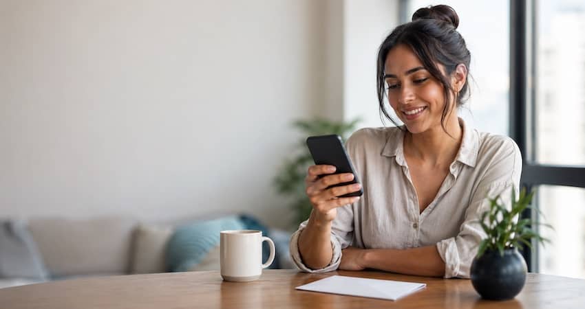 Woman checking her AirTalk Wireless application status on a smartphone while sitting at home.