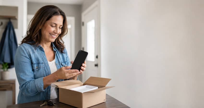 Woman setting up her AirTalk Wireless free government phone after opening the package at home.