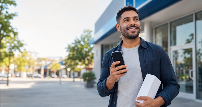 Man holding a new 5G smartphone and phone box after receiving a free government phone.