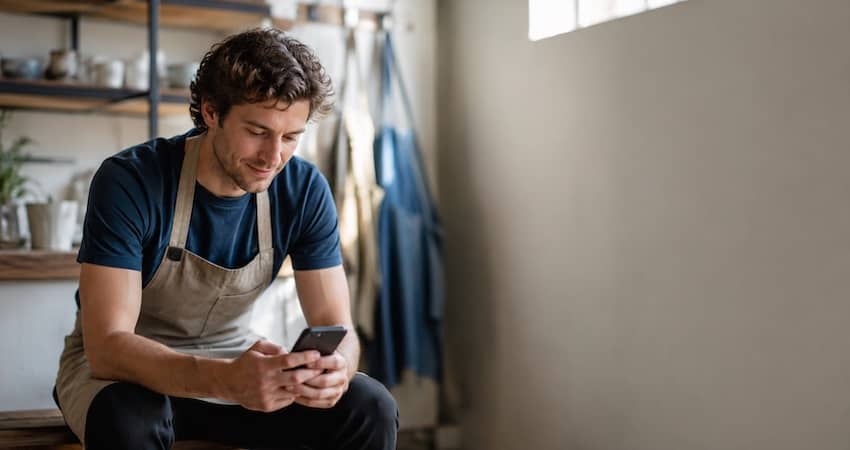 Man checking his Assurance Wireless application status on a smartphone during a work break.