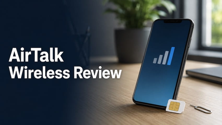 AirTalk Wireless review featuring a smartphone, SIM card, and signal strength icon on a desk