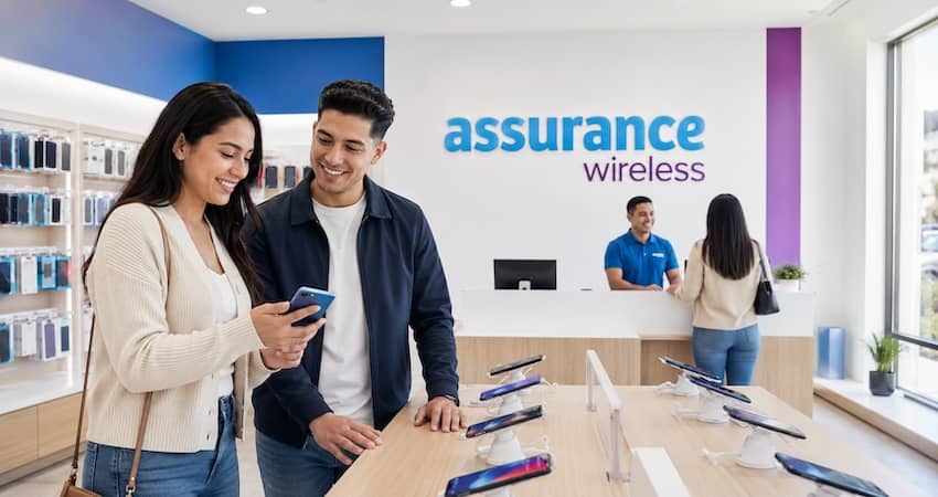 Couple comparing smartphones inside an Assurance Wireless store for an Assurance Wireless review