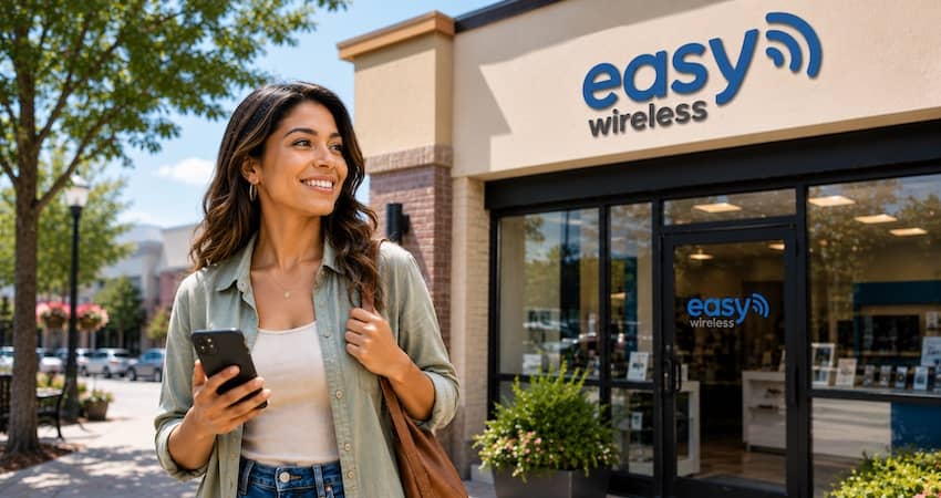 Woman holding a smartphone outside an Easy Wireless store for an Easy Wireless review
