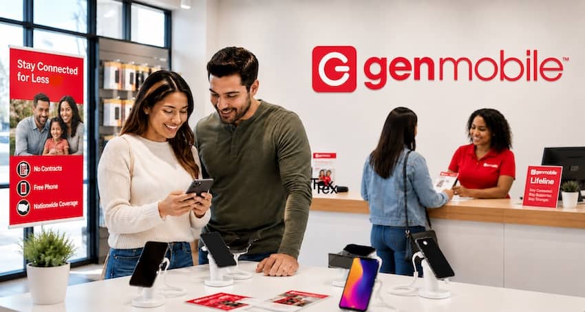 Customers comparing smartphones inside a Gen Mobile store for a Gen Mobile Lifeline review