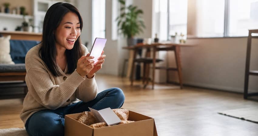 Woman activating a free government Lifeline phone after opening the package