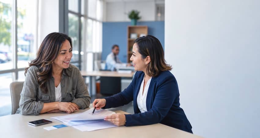 Two women reviewing application documents while discussing how to apply for Lifeline program