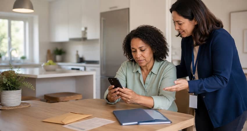 Two women reviewing a smartphone while discussing how to spot a Lifeline scam
