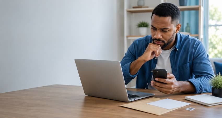 Man using a laptop and smartphone to verify whether a Lifeline provider is legitimate