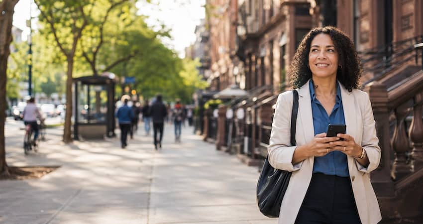 New York resident using a smartphone while walking through a city neighborhood with Lifeline service