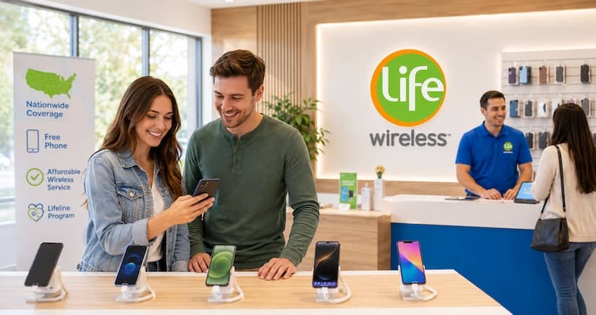 Couple comparing smartphones inside a Life Wireless store for a Life Wireless review