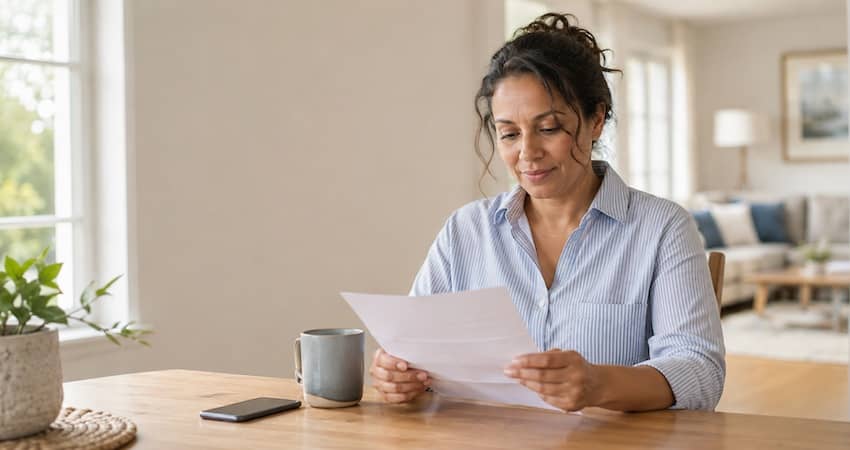 Woman reviewing paperwork for her Lifeline annual recertification at home
