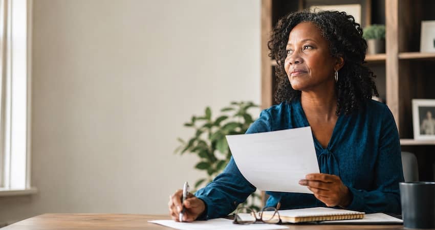 Woman reviewing paperwork after her Lifeline application was denied