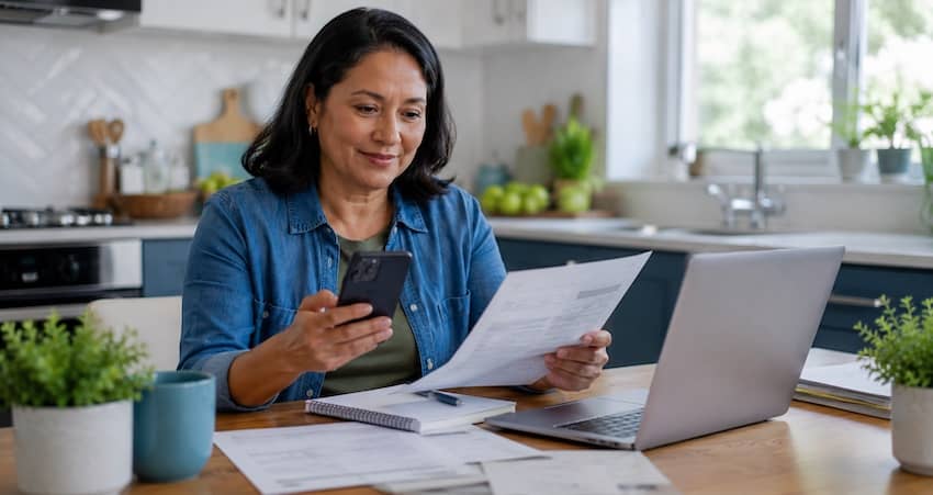 Woman reviewing documents on her phone and laptop to check Lifeline Program eligibility