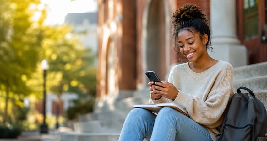 ollege student using a smartphone on campus while learning about the Lifeline Program