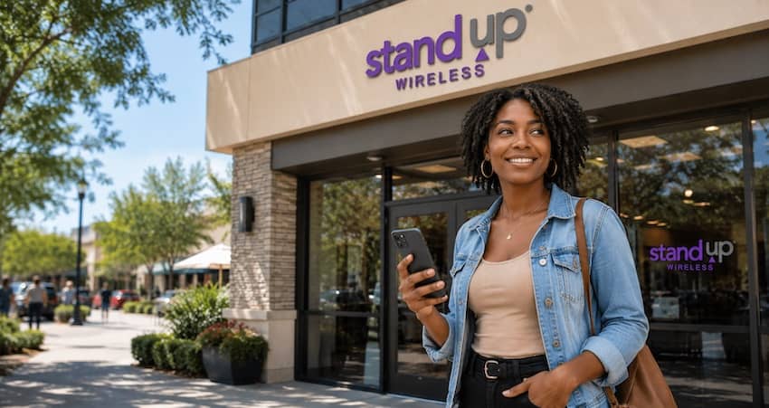Woman using a smartphone outside a StandUp Wireless store for a StandUp Wireless review