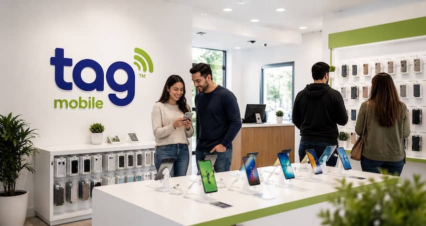 Customers comparing smartphones inside a TAG Mobile store for a TAG Mobile review