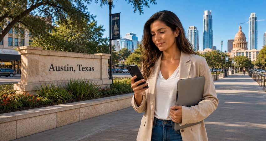 Texas resident using a smartphone in Austin while learning about the Texas Lifeline Program