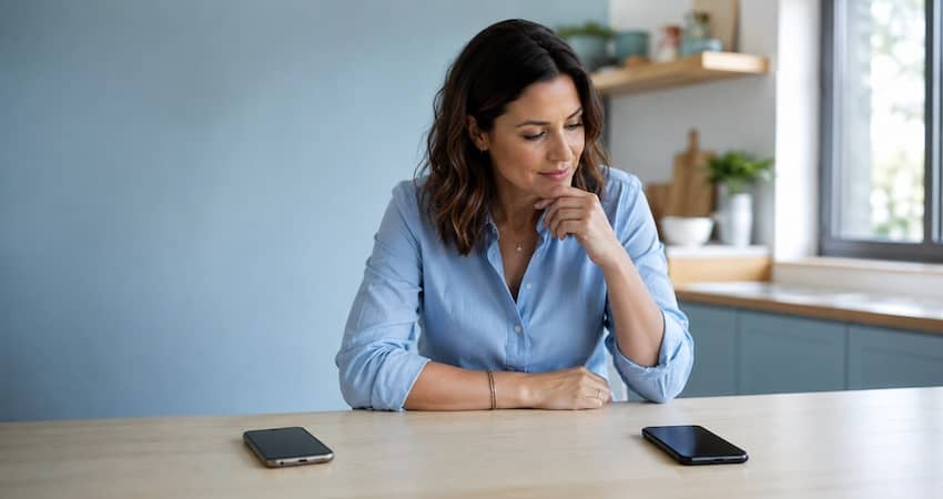 A thoughtful woman sitting at a table comparing two mobile phones while researching what happened to Q Link Wireless